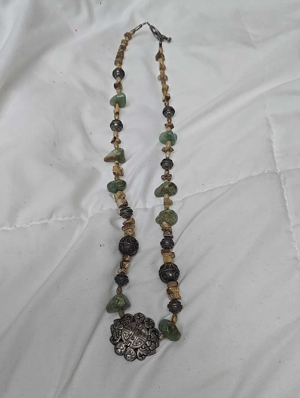 Handcrafted Green Stone and Brown Bead Pendant Necklace